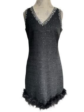 Karl Lagerfeld Black V‑Neck Tweed Dress with Feather Hem Size 8 NWT
